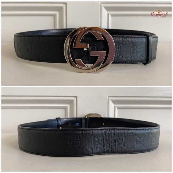 Authentic Gucci Black Guccissima Leather Silver Interlocking G Buckle Belt 85/34 - Picture 5 of 13